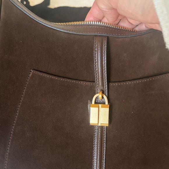 DeMellier Dark Brown Suede Hobo Shoulder Bag with Gold Padlock. Siena Hobo bag. - Picture 3 of 16